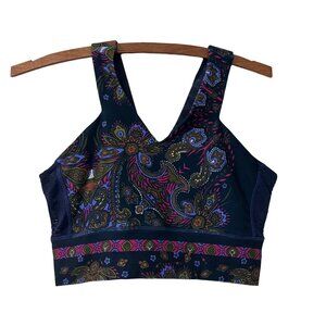 Nanette Lepore Navy Blue Paisley High Vneck Crop Sports Bra Top Size S/M